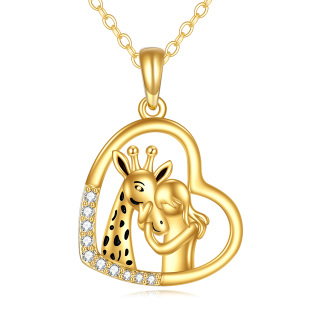 10K Yellolw Gold Circular Cubic Zirconia Giraffe And Girl & Heart Pendant Necklace-7