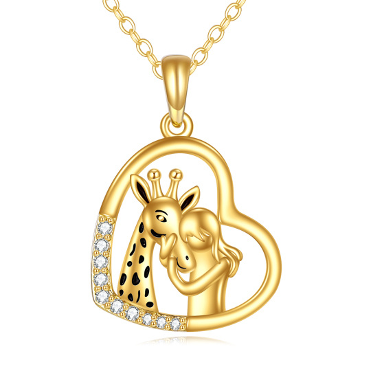 Collier avec pendentif en forme de cœur en forme de girafe et de fille en or jaune 14 carats et zircone cubique circulaire