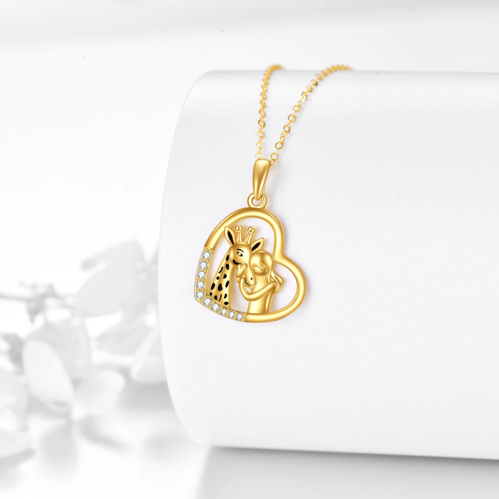 10K Yellolw Gold Circular Cubic Zirconia Giraffe And Girl & Heart Pendant Necklace-3