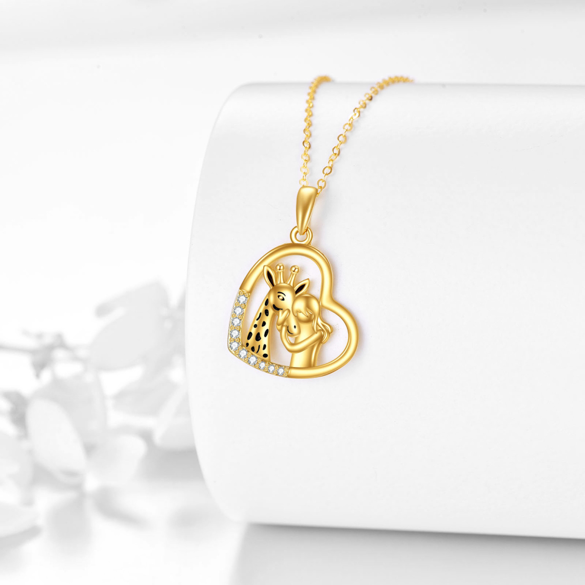 14K Yellolw Gold Circular Cubic Zirconia Giraffe And Girl & Heart Pendant Necklace-3