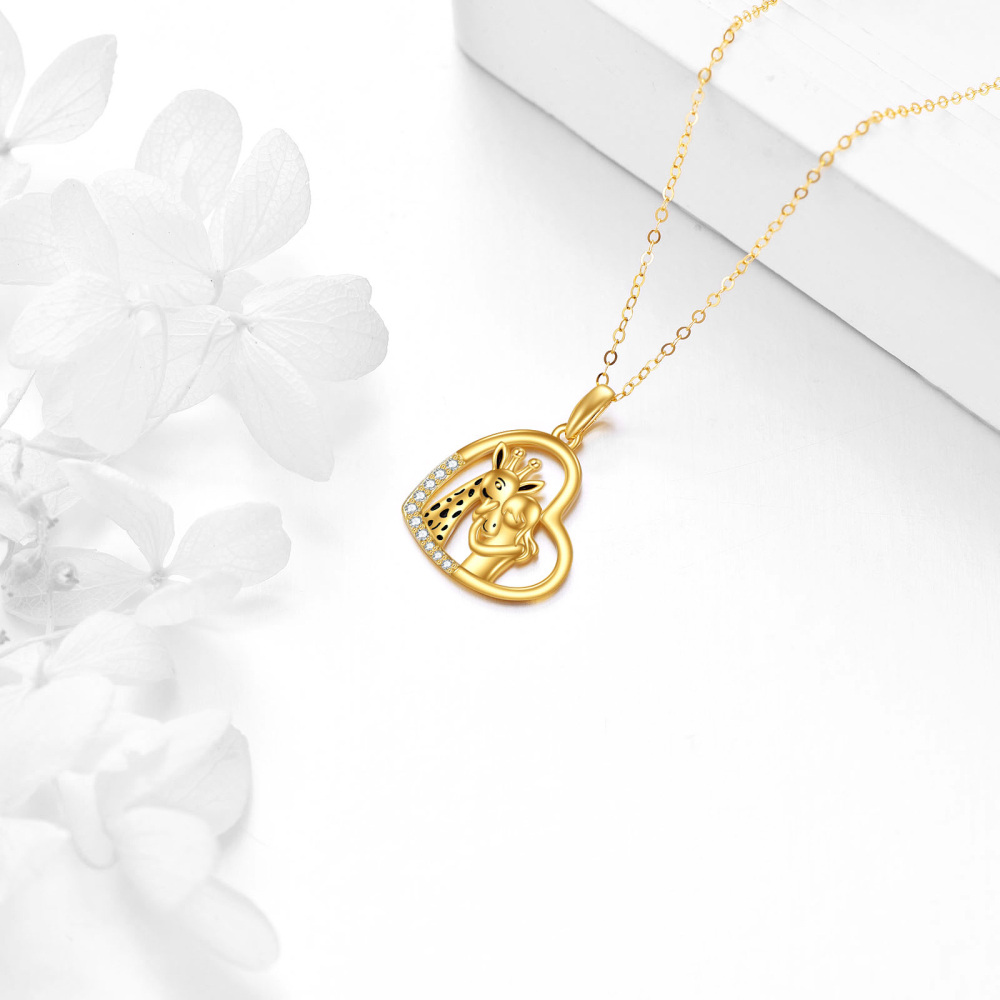 10K Yellolw Gold Circular Cubic Zirconia Giraffe And Girl & Heart Pendant Necklace-4
