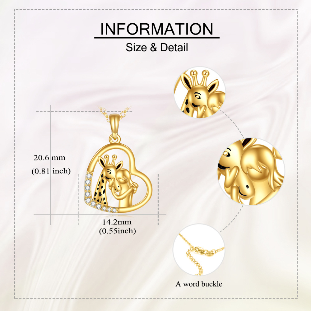 10K Yellolw Gold Circular Cubic Zirconia Giraffe And Girl & Heart Pendant Necklace-5