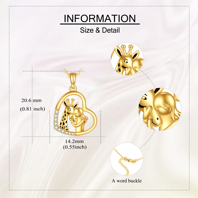 قلادة دائرية من الذهب الأصفر عيار 10 قيراط مرصعة بالزركونيا المكعبة بتصميم زرافة وفتاة وقلب-5