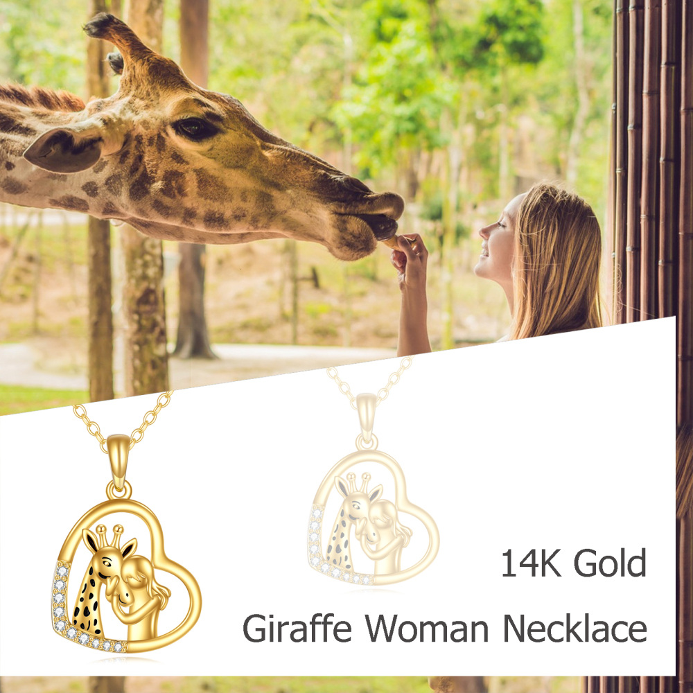 10K Yellolw Gold Circular Cubic Zirconia Giraffe And Girl & Heart Pendant Necklace-6