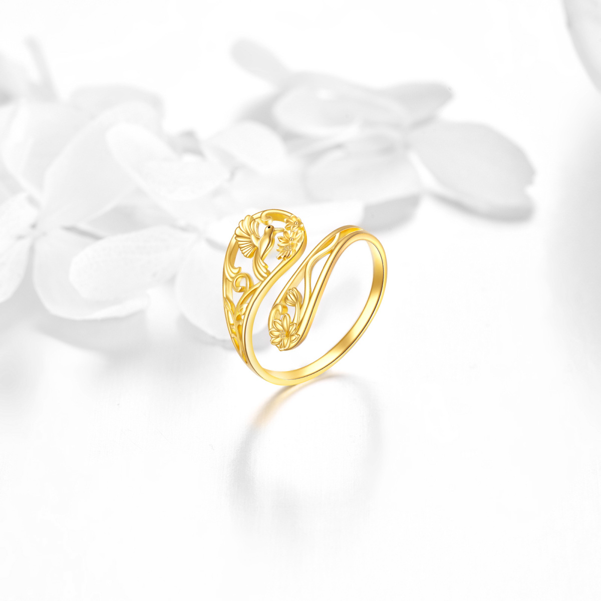 10K Yellow Gold Adjuatable Spoon Hummingbird Open Ring-3