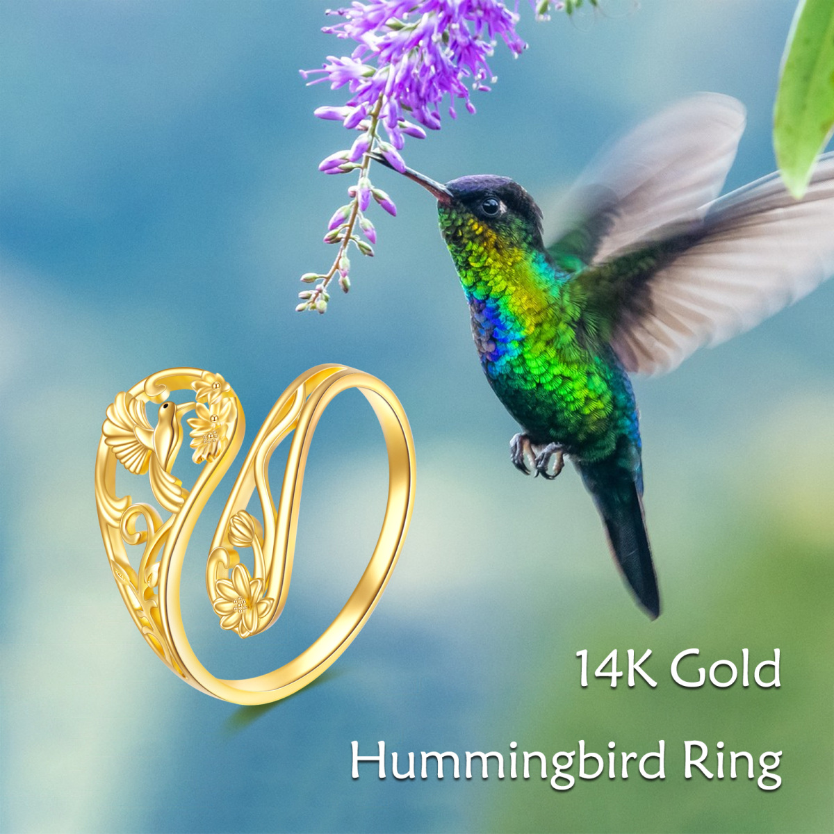 Anillo abierto con colibrí y cuchara ajustable en oro amarillo de 14 quilates-6