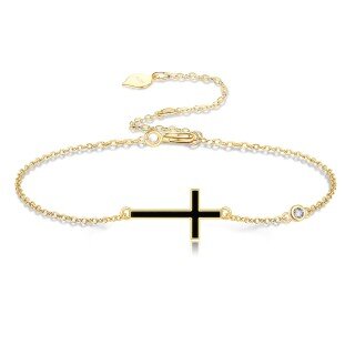 10K Yellow Gold Agate Cross Charm Bracelet-14