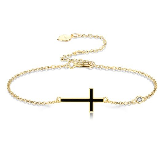 Pulseira com pingente de cruz de ágata em ouro amarelo 14K-1