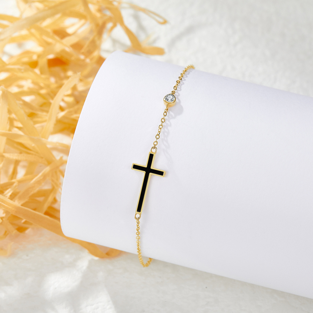 10 Karat Gelbgold Achat Kreuz Charm Armband-3