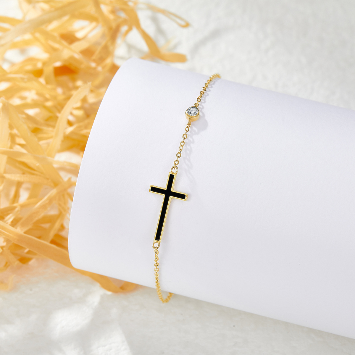 10K Yellow Gold Agate Cross Charm Bracelet-3