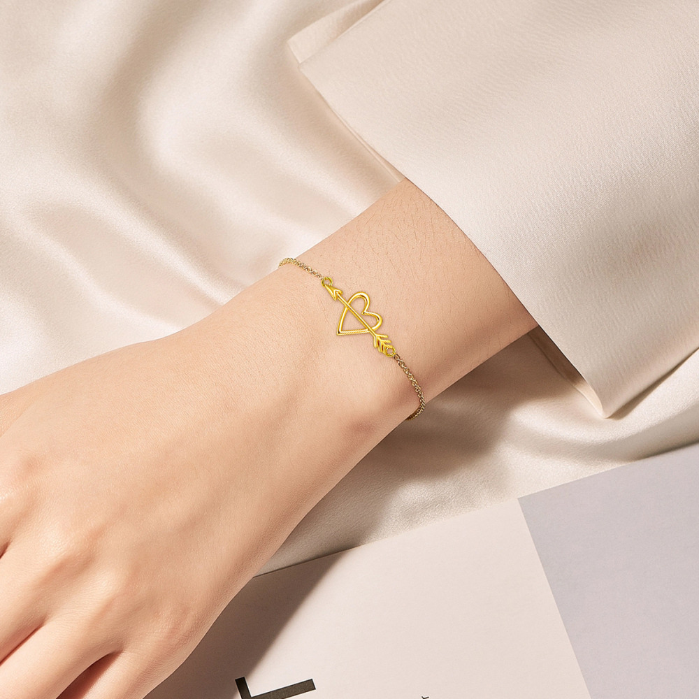 10K Yellow Gold Arrow & Heart Cupid Arrow Bacelet For Women-2
