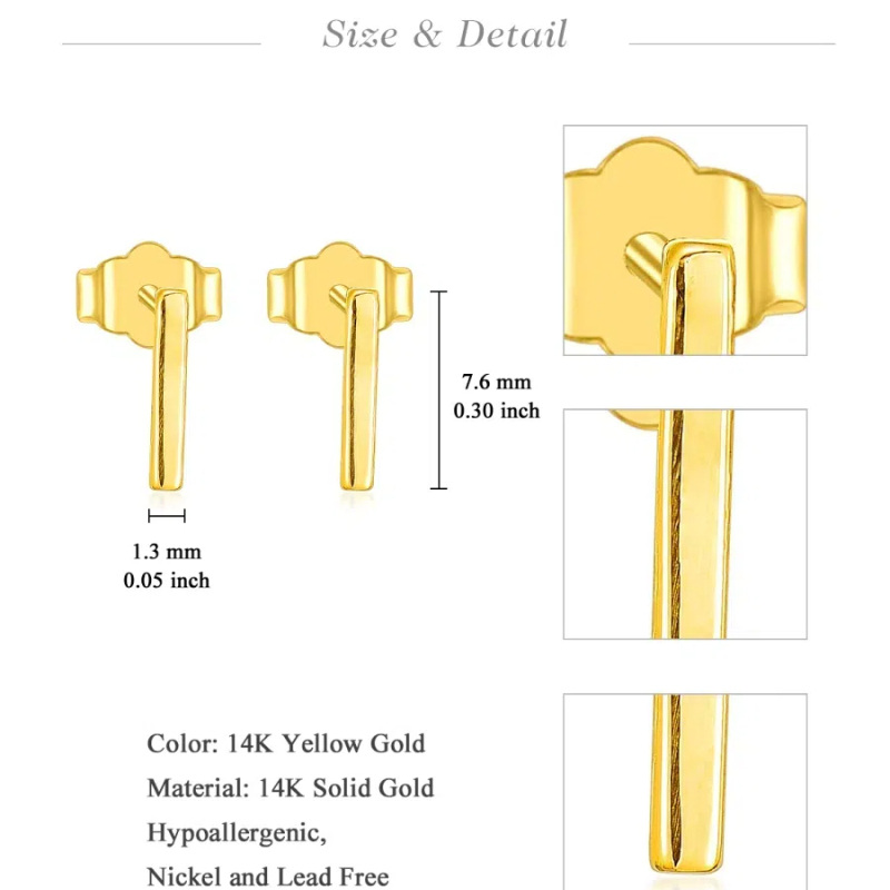 14K Yellow Gold Bar Stud Earrings-5