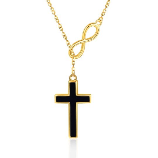 Collana con ciondolo a forma di croce in agata nera e simbolo dell'infinito in oro giallo 14K