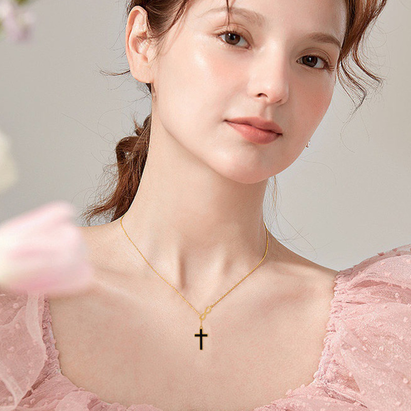 10K Geelgouden Zwarte Agaat Kruis Infinity Symbool Hanger Ketting-2