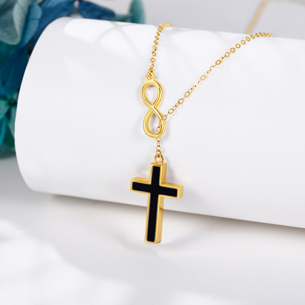 Colar com pingente de símbolo do infinito em cruz de ágata preta e ouro amarelo 14K-3