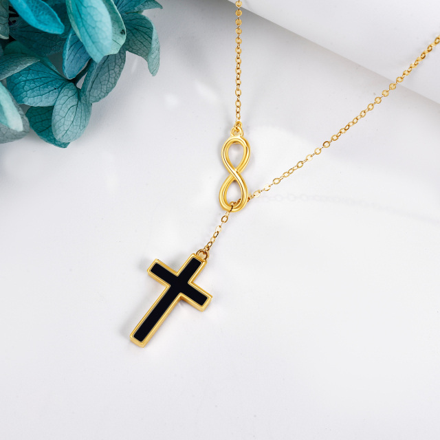 10K Yellow Gold Black Agate Cross & Infinity Symbol Pendant Necklace-4