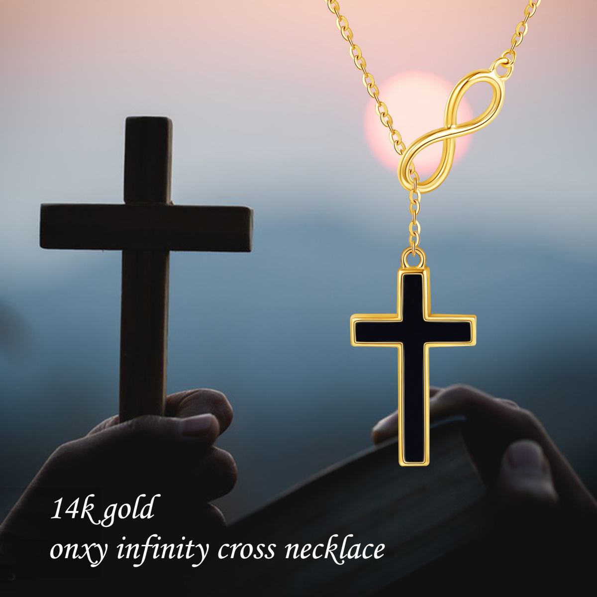 Collana con ciondolo a forma di croce in agata nera e simbolo dell'infinito in oro giallo 14K-6