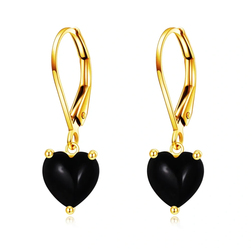 10K Yellow Gold Black Agate Heart Lever-back Earrings-1