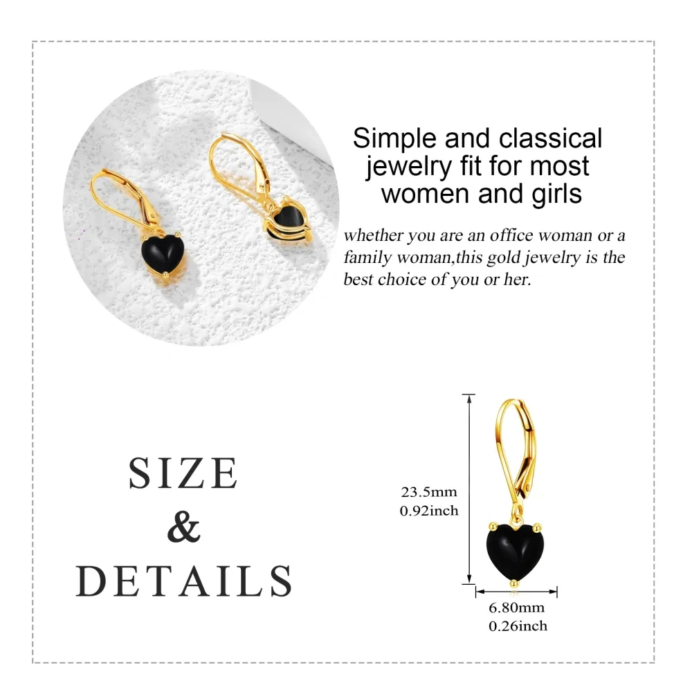 10K Yellow Gold Black Agate Heart Lever-back Earrings-5