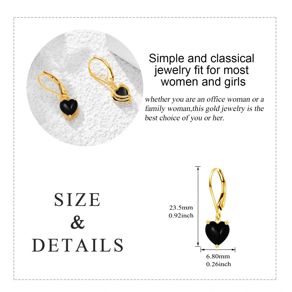 18K Yellow Gold Black Agate Heart Lever-back Earrings-5