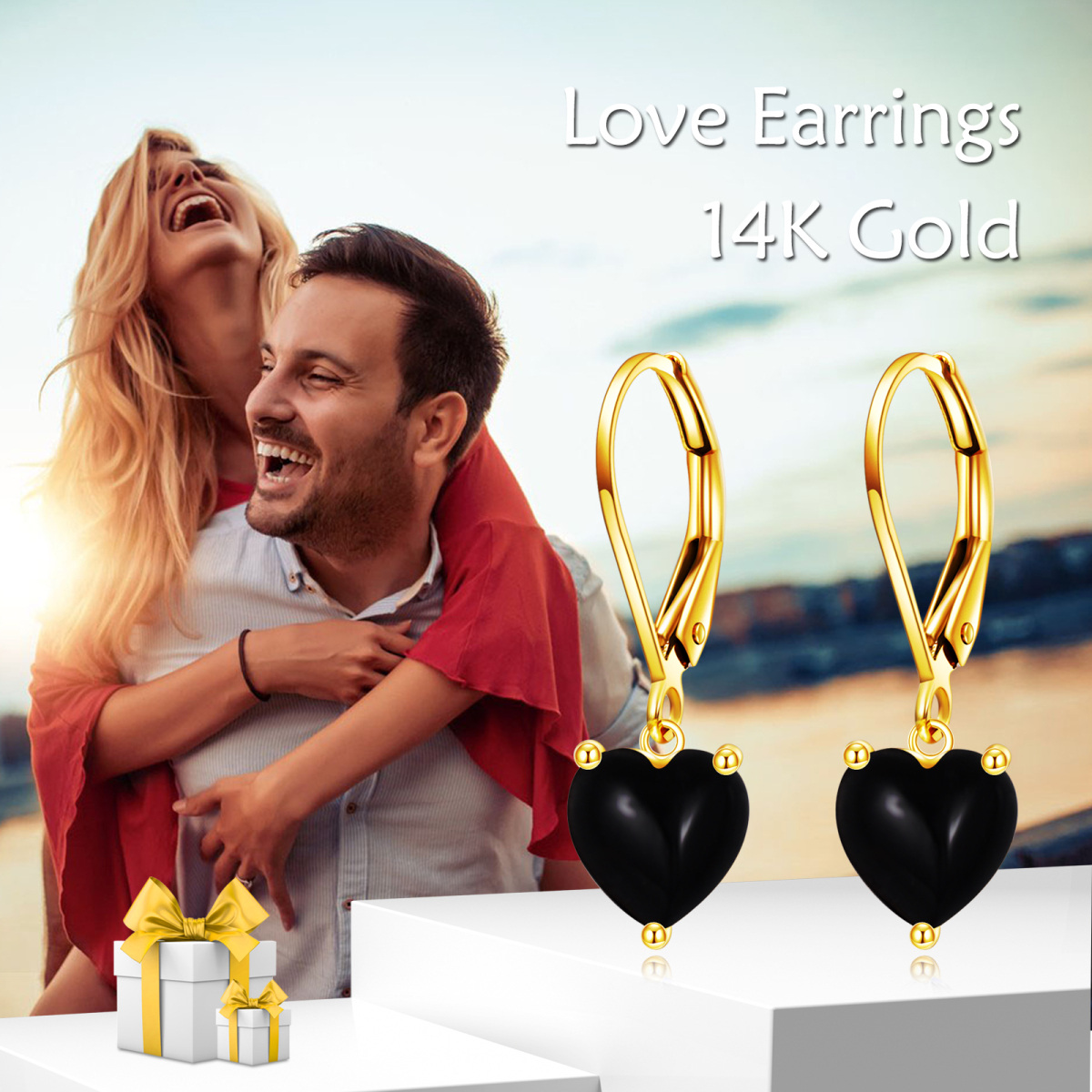 14K Yellow Gold Black Agate Heart Lever-back Earrings-6