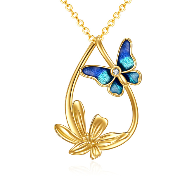 14K Yellow Gold Plated Cubic Zirconia Butterfly & Daisy & Oval Shaped Pendant Necklace-1