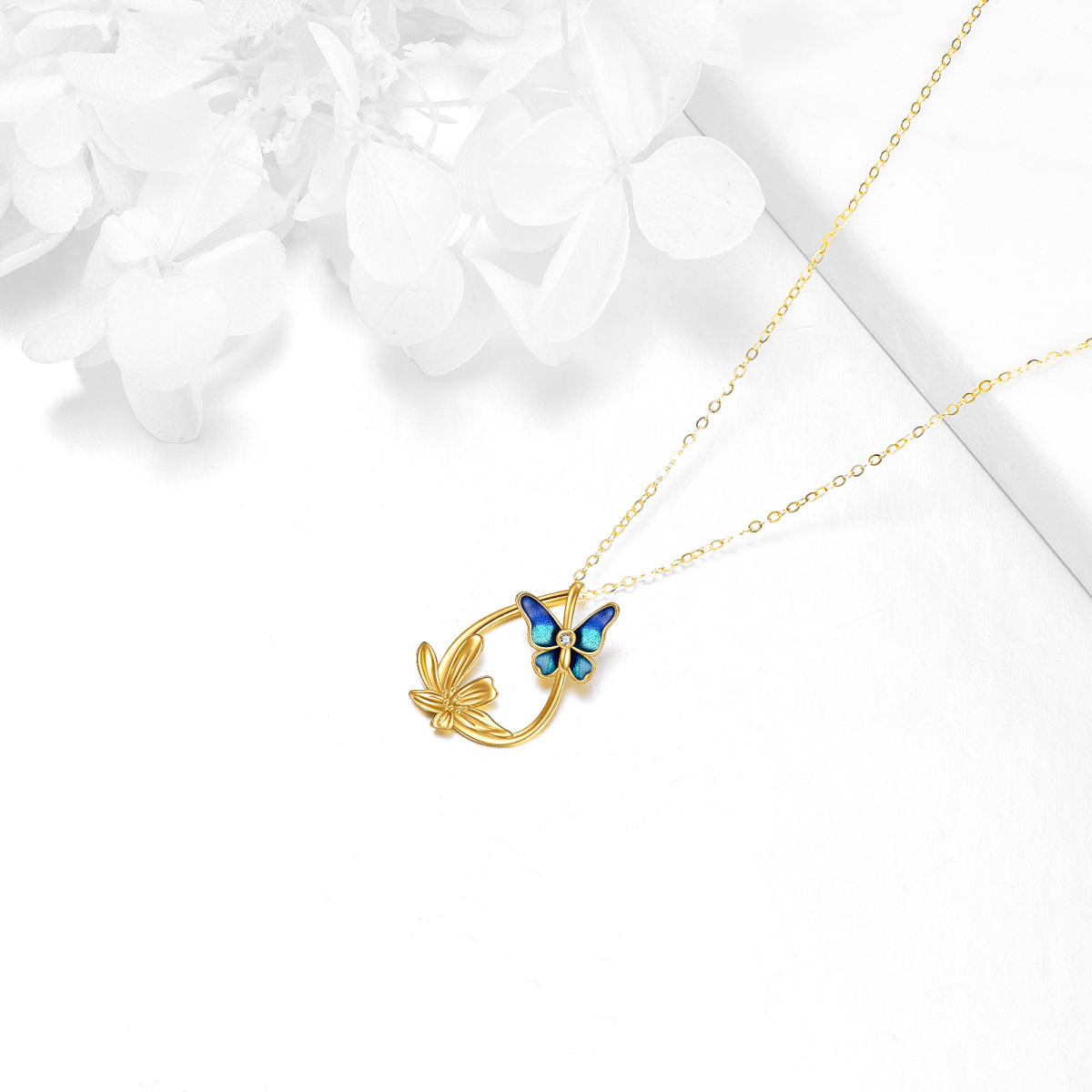 14K Yellow Gold Plated Cubic Zirconia Butterfly & Daisy & Oval Shaped Pendant Necklace-4