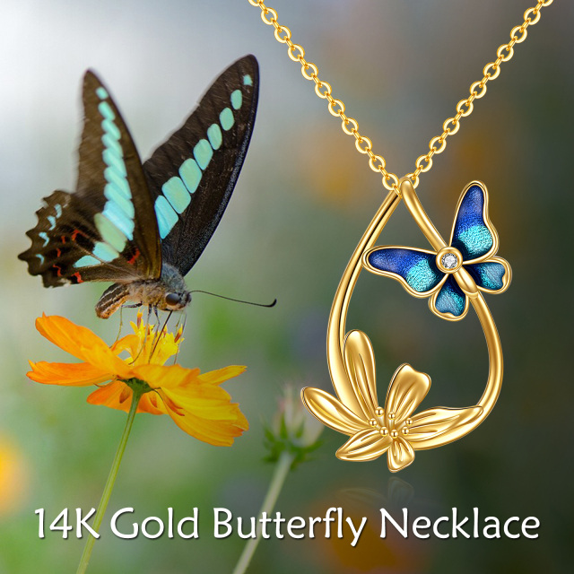 14K Yellow Gold Plated Cubic Zirconia Butterfly & Daisy & Oval Shaped Pendant Necklace-6