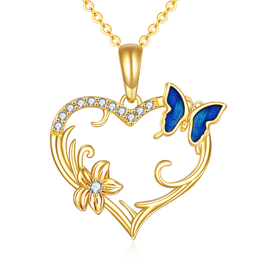 Collier avec pendentif cœur papillon en plaqué or jaune 14 carats et oxyde de zirconium