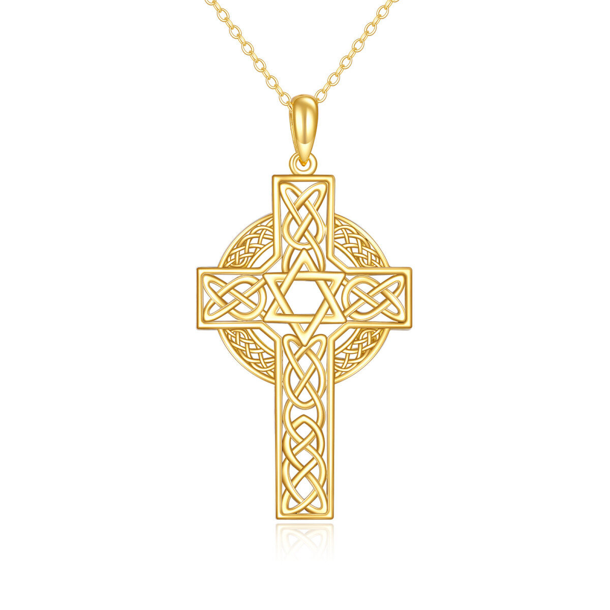 10K Yellow Gold Celtic Knot Cross With Star Of David Christian Jewish Necklace For Women-1