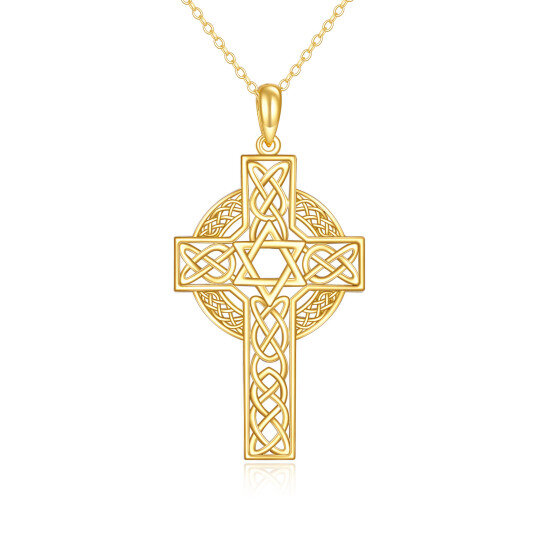 14K Yellow Gold Celtic Knot Cross With Star Of David Christian Jewish Necklace For Women