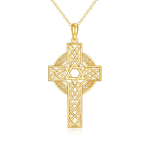 14K Yellow Gold Celtic Knot & Cross & Star Of David Pendant Necklace-1