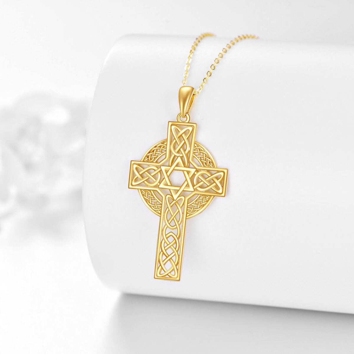 14K Yellow Gold Celtic Knot & Cross & Star Of David Pendant Necklace-3