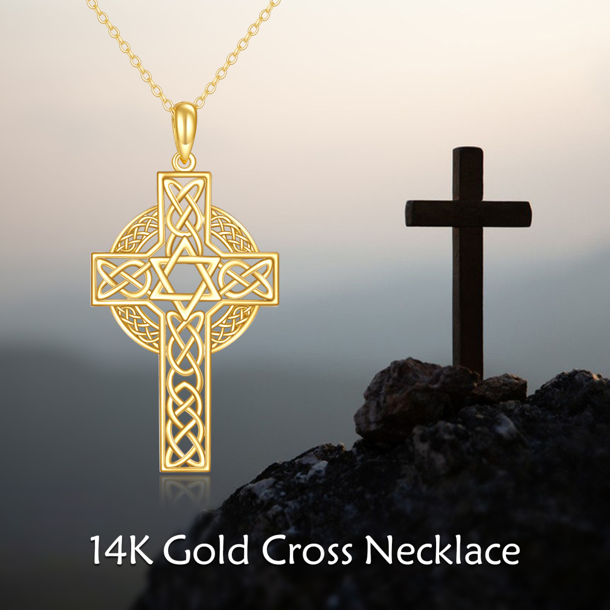 10K Yellow Gold Celtic Knot Cross With Star Of David Christian Jewish Necklace For Women-6