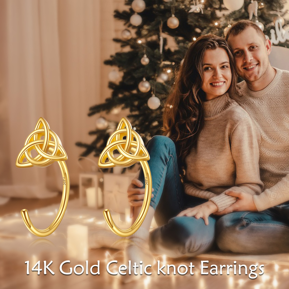 10K Yellow Gold Celtic Knot & Triangle Drop Earrings-6