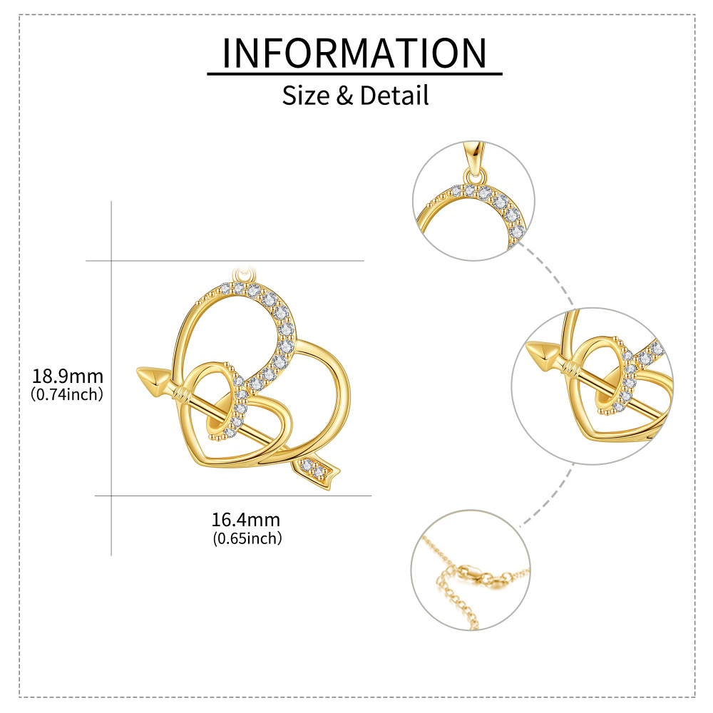 Colar com pingente de coração e flecha de zircônia cúbica circular em ouro amarelo 10K-5