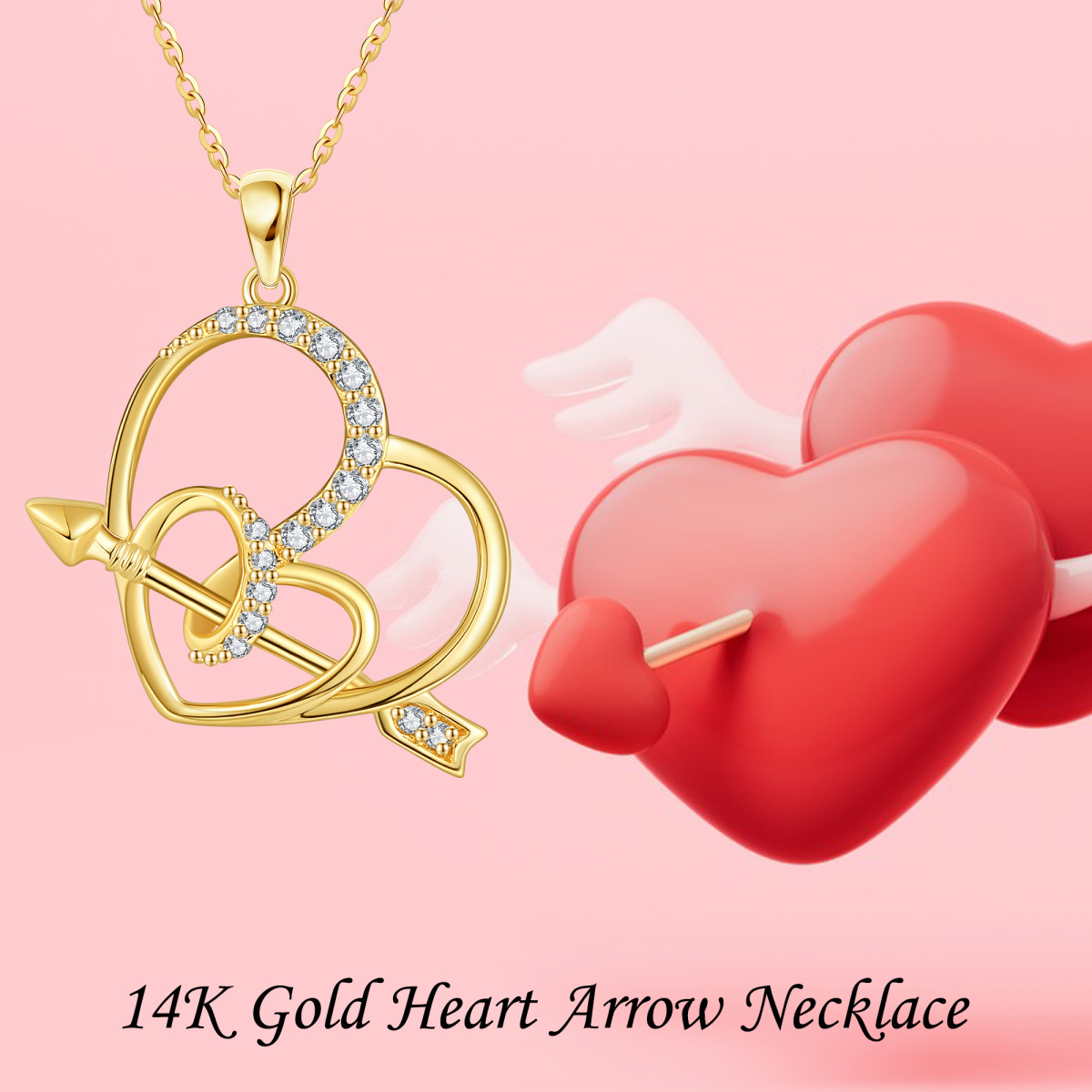 10K Yellow Gold Circular Cubic Zirconia Arrow & Heart Pendant Necklace-6