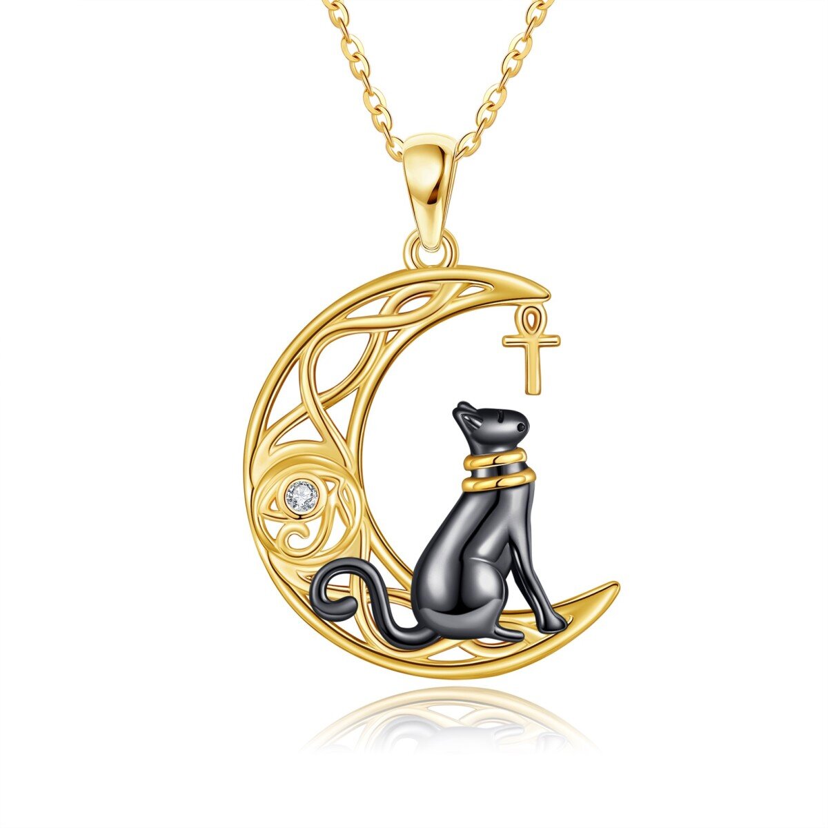 Collier avec pendentif en forme de chat et de lune en or jaune 14 carats avec zircone cubique circulaire-1