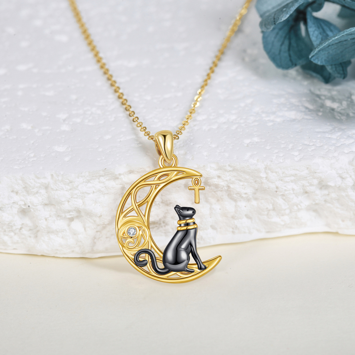 14K Yellow Gold Circular Cubic Zirconia Cat & Celtic Knot Moon Pendant Necklace-3