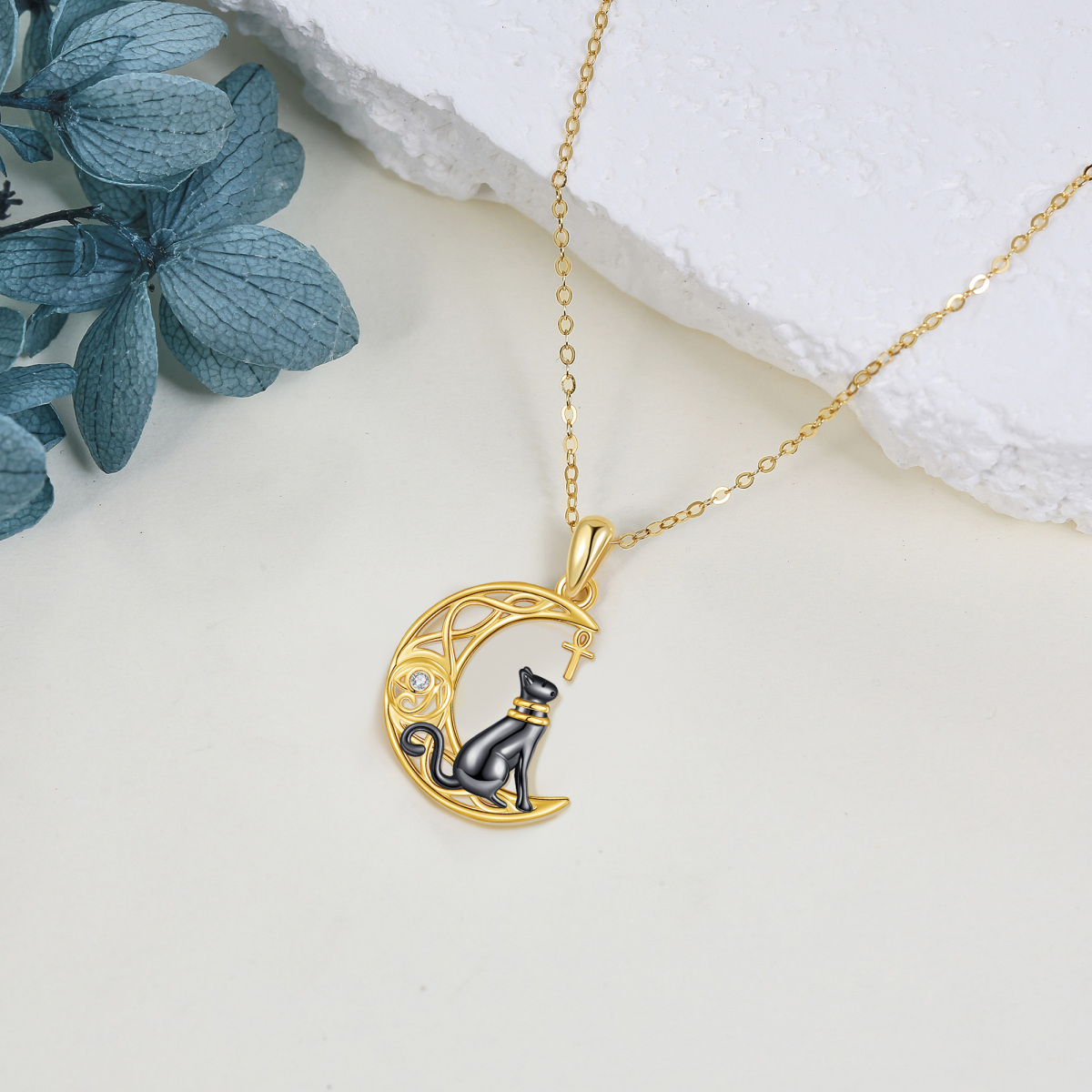 14K Yellow Gold Circular Cubic Zirconia Cat & Celtic Knot Moon Pendant Necklace-4