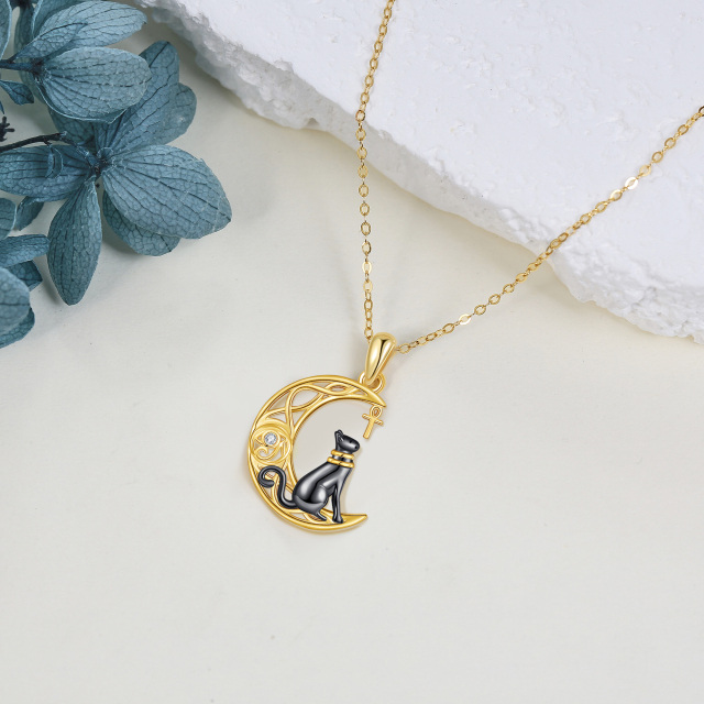 Collier avec pendentif en forme de chat et de lune en or jaune 14 carats avec zircone cubique circulaire-4