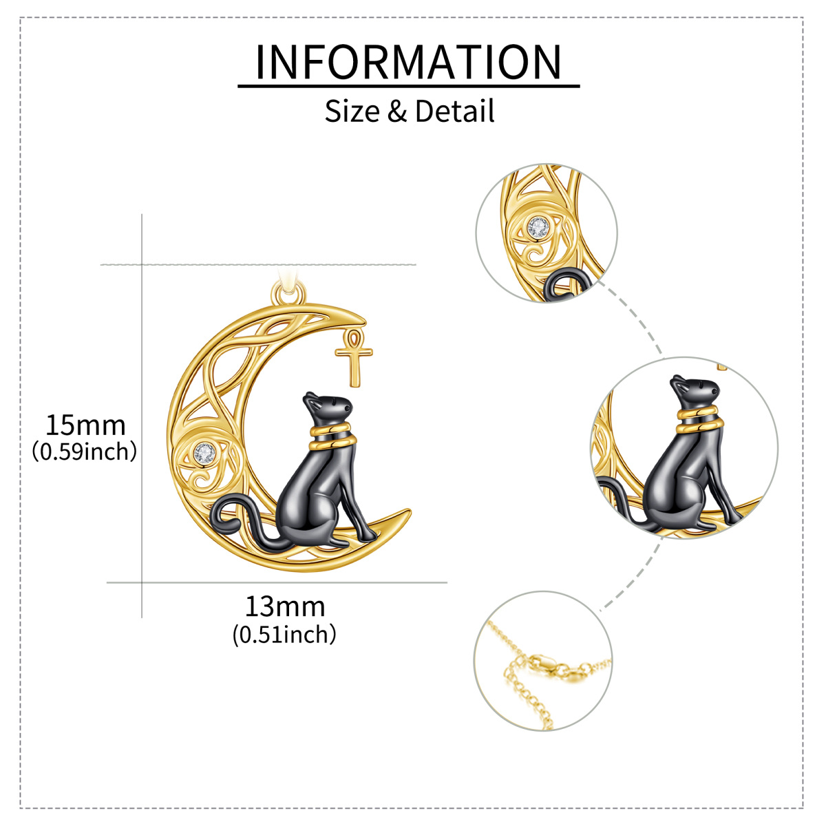 Collier avec pendentif en forme de chat et de lune en or jaune 14 carats avec zircone cubique circulaire-5