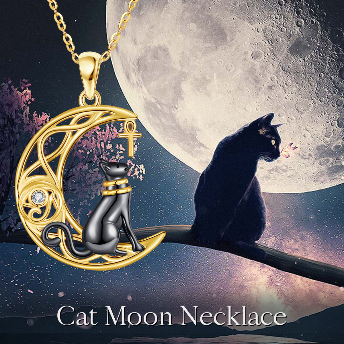 Collier avec pendentif en forme de chat et de lune en or jaune 14 carats avec zircone cubique circulaire-6