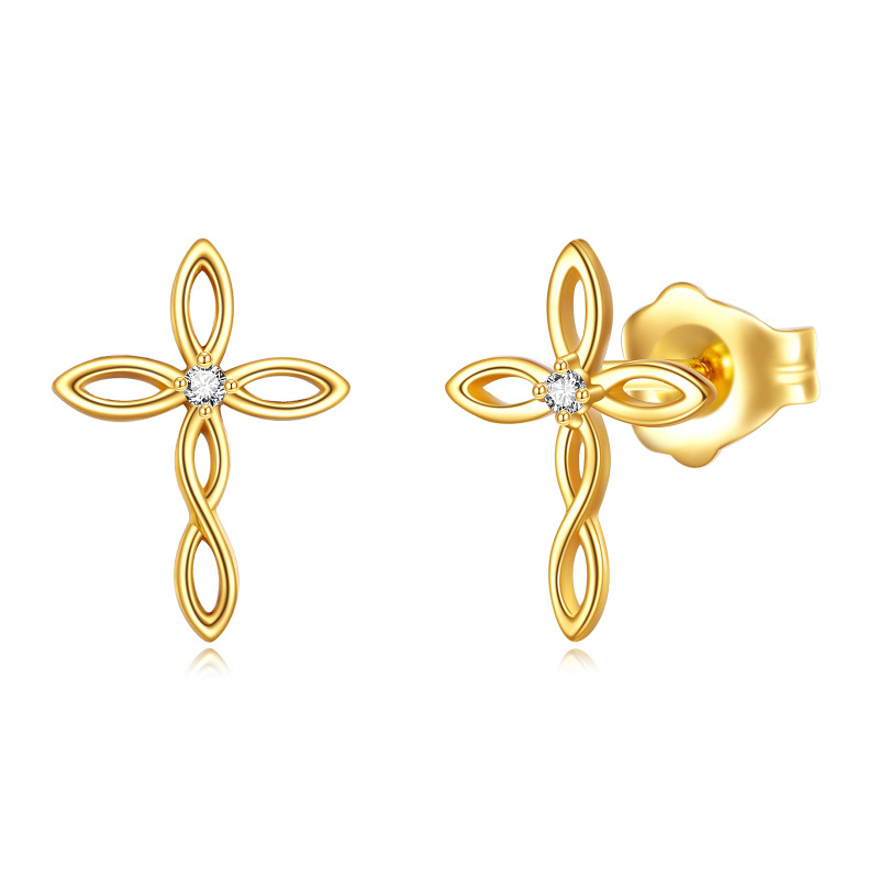 Boucles d'oreilles pendantes en forme de croix celtique en or jaune 14 carats avec zircone cubique circulaire-1