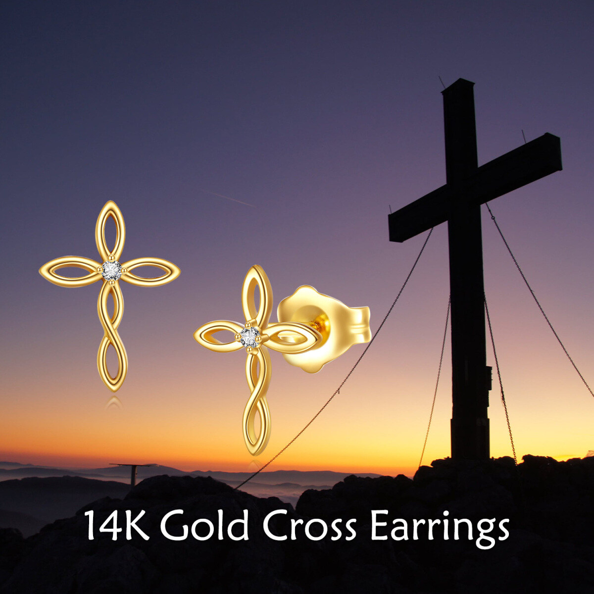 14 K Gelbgold Kreisförmige Zirkonia Keltischer Knoten Kreuz Tropfen Ohrringe-6