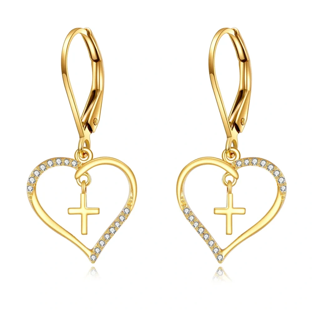 10K Yellow Gold Circular Cubic Zirconia Cross & Heart Lever-back Earrings-1