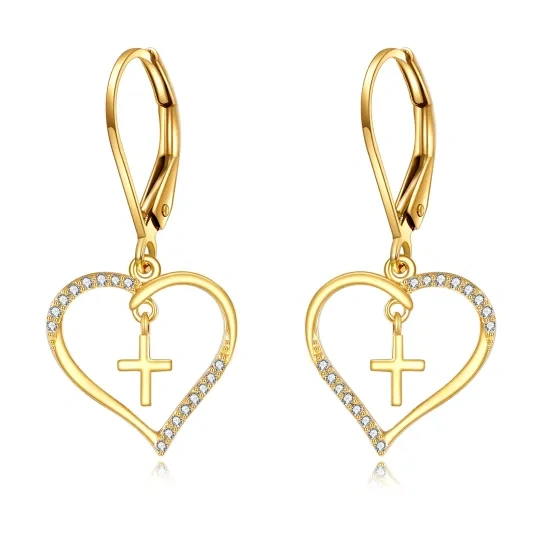 Boucles d'oreilles à levier en forme de cœur avec croix circulaire en or jaune 14 carats et zircone cubique-1