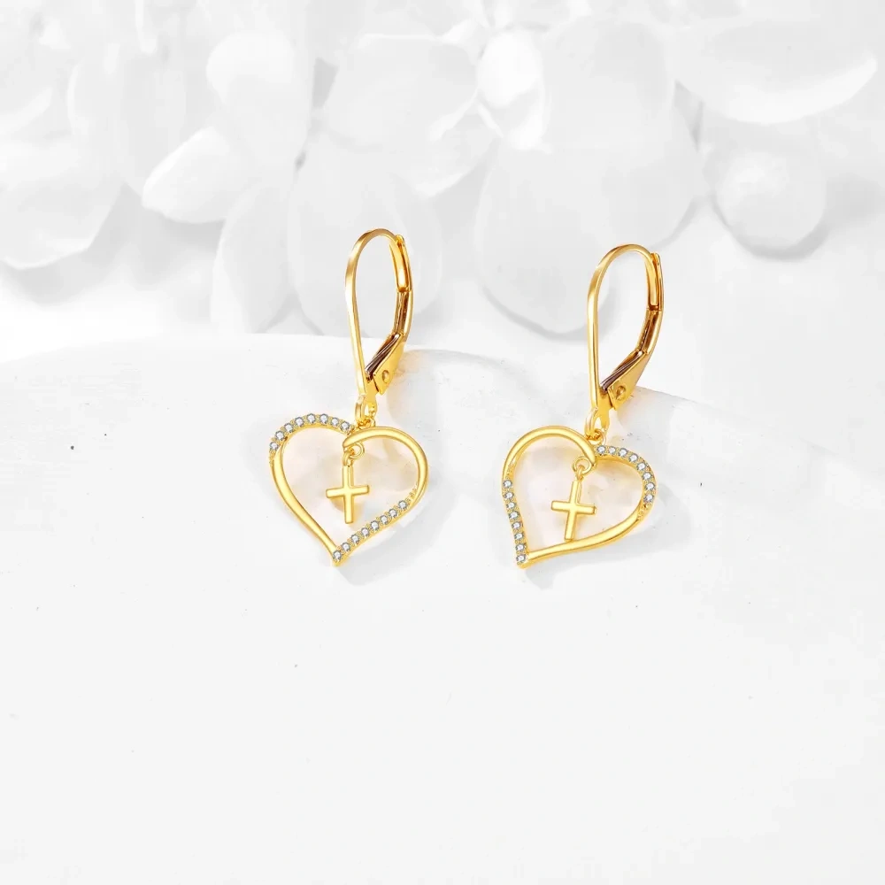 10K Yellow Gold Circular Cubic Zirconia Cross & Heart Lever-back Earrings-3