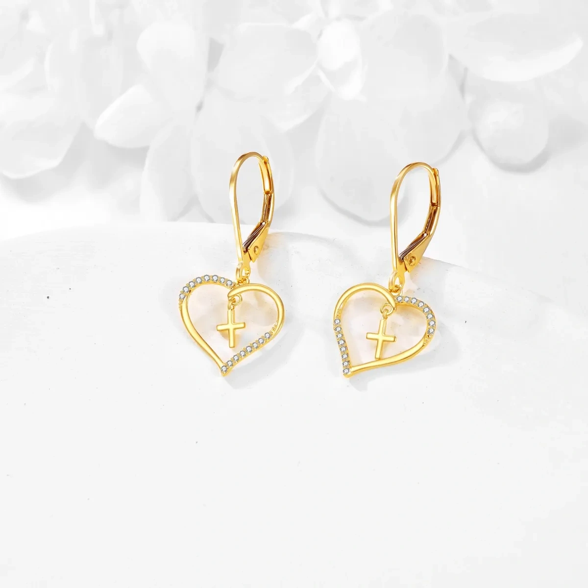 14K Yellow Gold Circular Cubic Zirconia Cross & Heart Lever-back Earrings-3