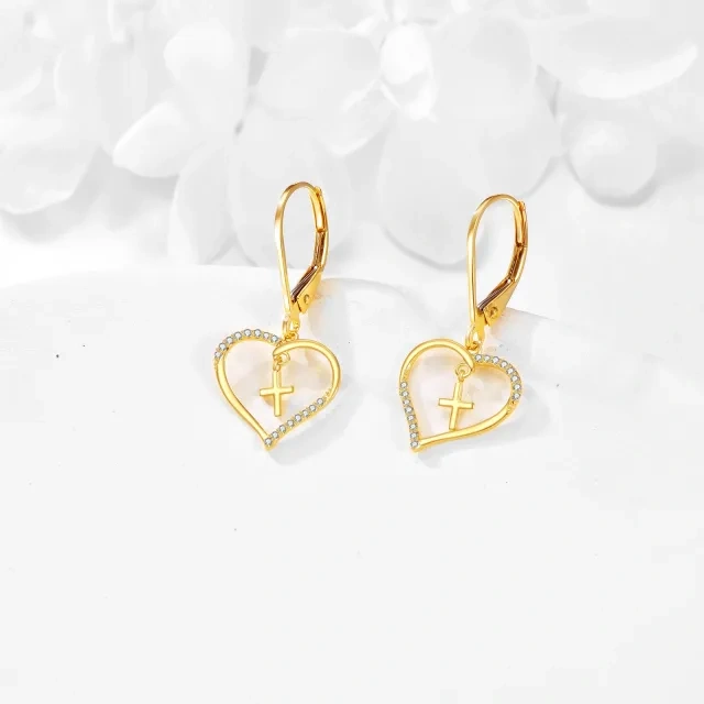 14K Yellow Gold Circular Cubic Zirconia Cross & Heart Lever-back Earrings-3